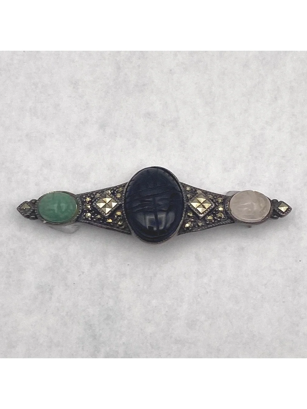 VTG Sterling Silver Multi Stone Carved Scarab Brooch, Egyptian Revival Brooch.